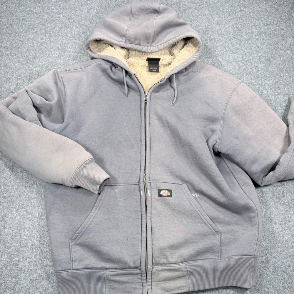 Dickies Mens Sherpa Lined Full Zip Hoodie Gray Blue Workwear Jacket Large FADED